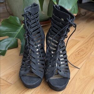 Black Lace-Up Cutout Heeled Sandals - Women